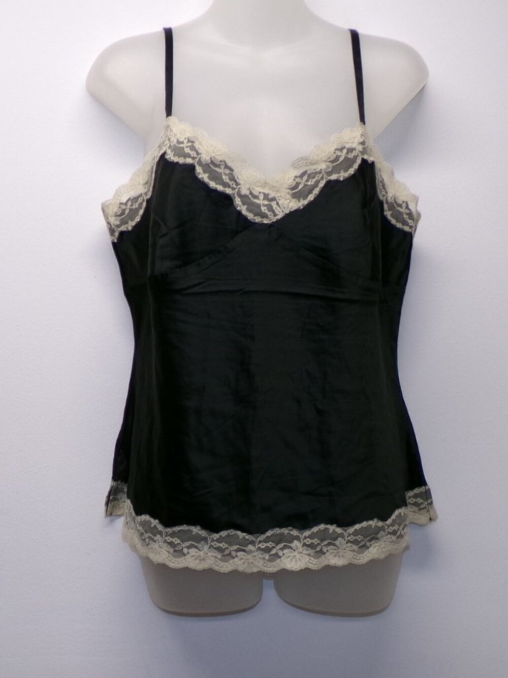 Vintage Y2K Express Design Studio Black Silk Babydoll Camisole Ivory Lace Trim L